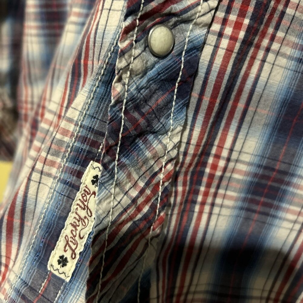 VTG Lucky Brand Western Shirt Womens M Cowgirl Pearl Snap Plaid Tiger Patch - Picture 6 of 16